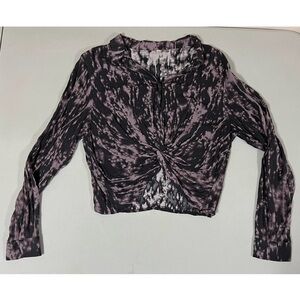 Black Acid-Wash Tie Dye Twist-Front Button-Down Collared Shirt Blouse Size L 🖤